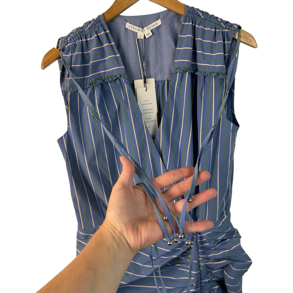 NWT Veronica Beard Teagan Stripe Ruched V-Neck Midi Dress Blue Size 6 Side Slit - Picture 12 of 16